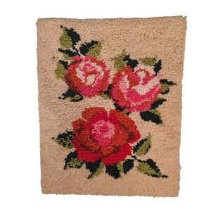 Vintage Floral Roses Needlepoint Latch Rug Wall Hanging Pink Red Green 21x27